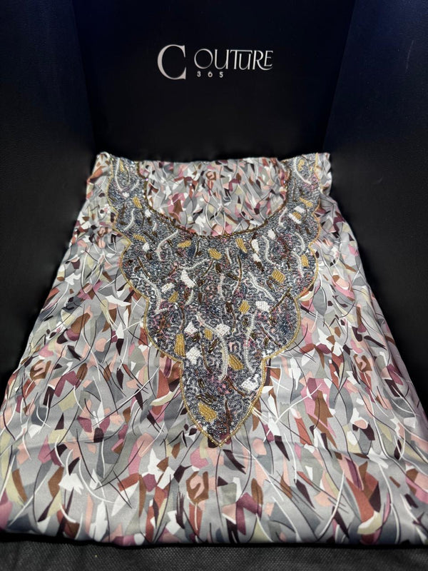 Brown Grey Beaded Emirati Mukhawar - Stiched