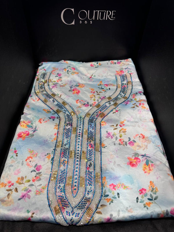 Baby Blue Beaded Emirati Mukhawar - Stiched