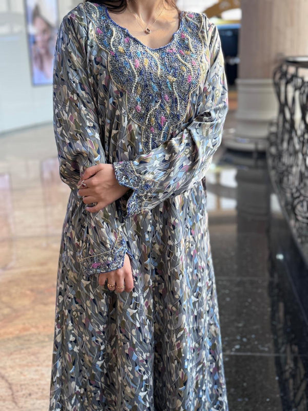 Blue Pattern Flower Emirati Mukhawar - Stiched