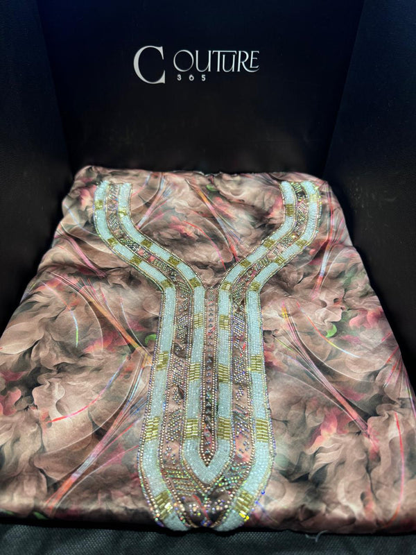 Brown Red Beaded Emirati Mukhawar - Stiched